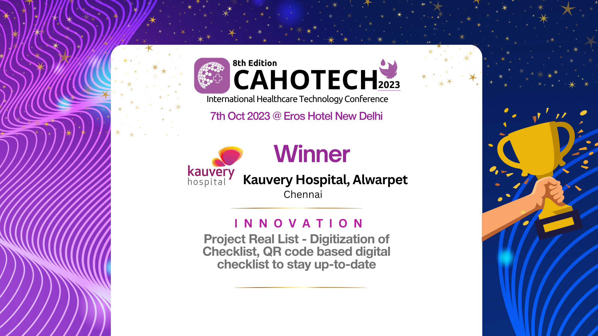 CAHOTECH 2023: Hospital Innovation-Project Real List - Digitization of Checklist, QR code based digital checklist to stay up-to-date-Mr. Balaji SV